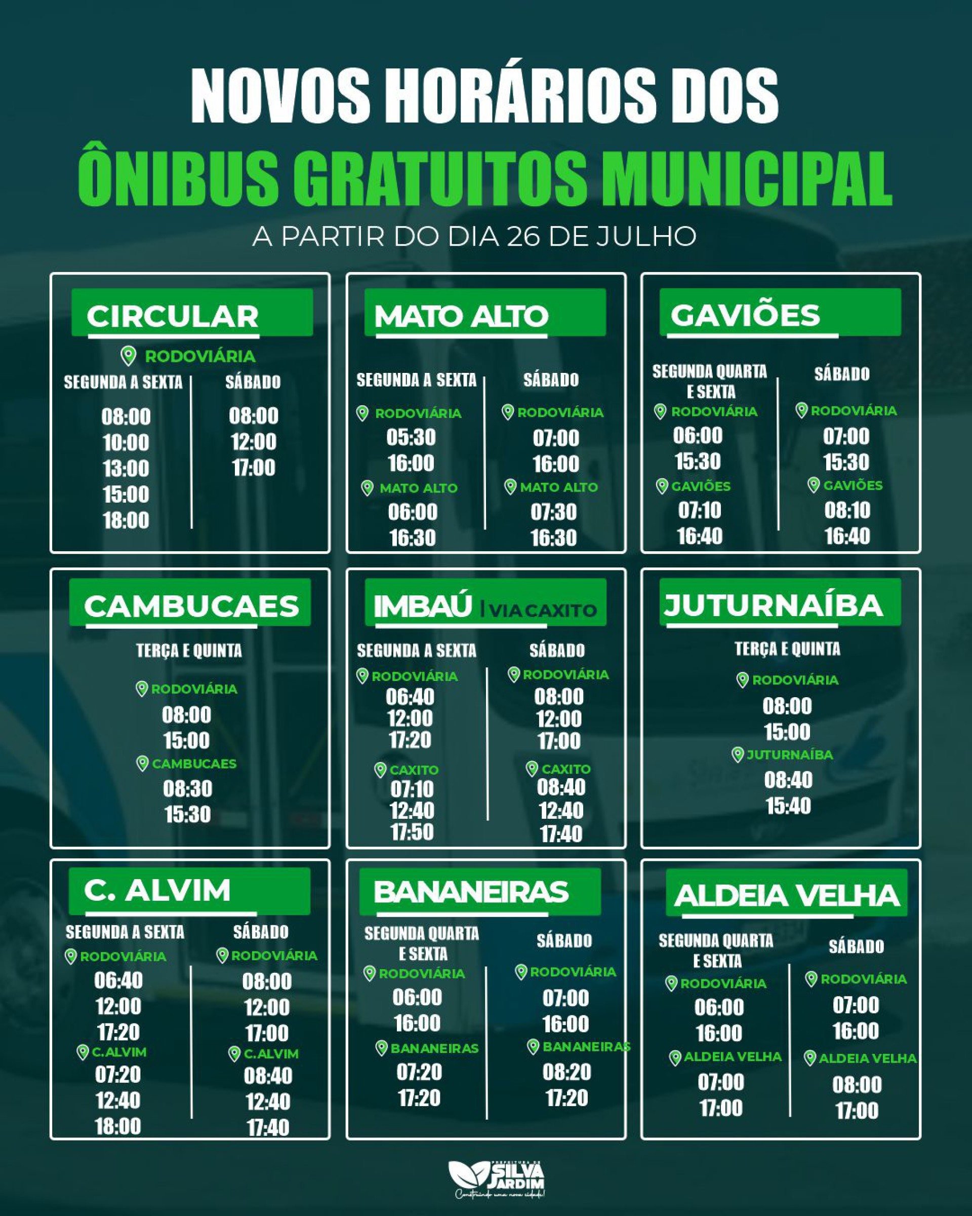 Novos horários divulgados pela Prefeitura de Silva Jardim - Foto: Divulgação