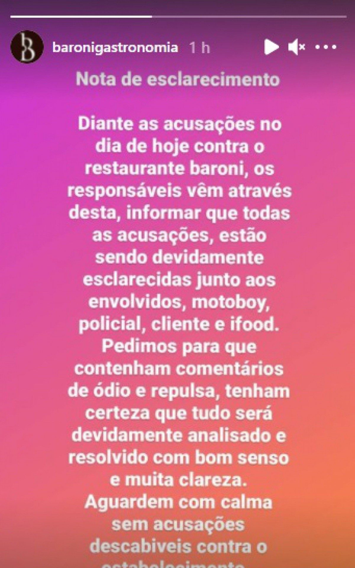 Baroni Gastronomia se pronuncia sobre confusão em pedido de delivery