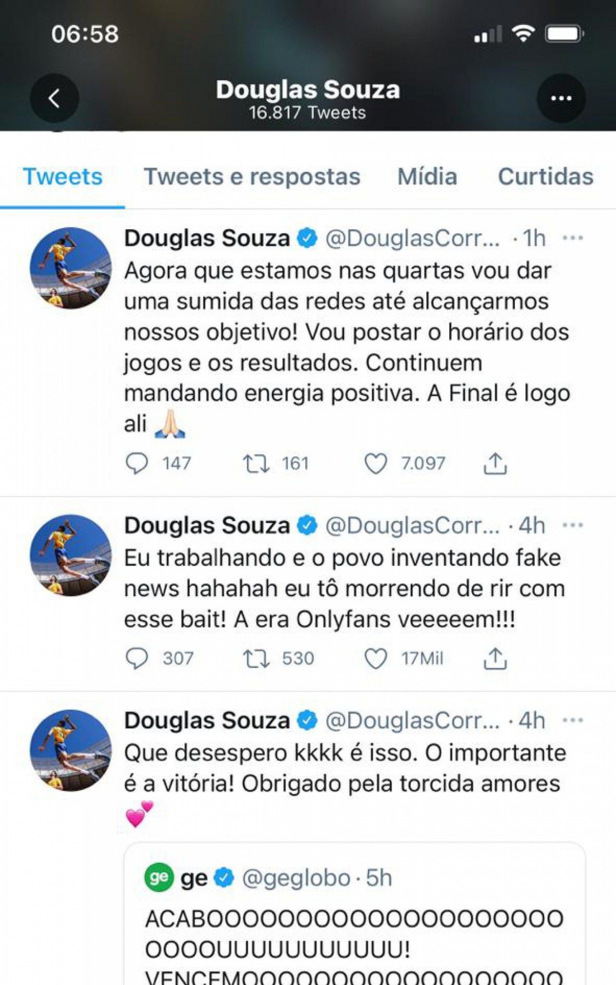 Douglas Souza rebate fofoca em seu Twitter