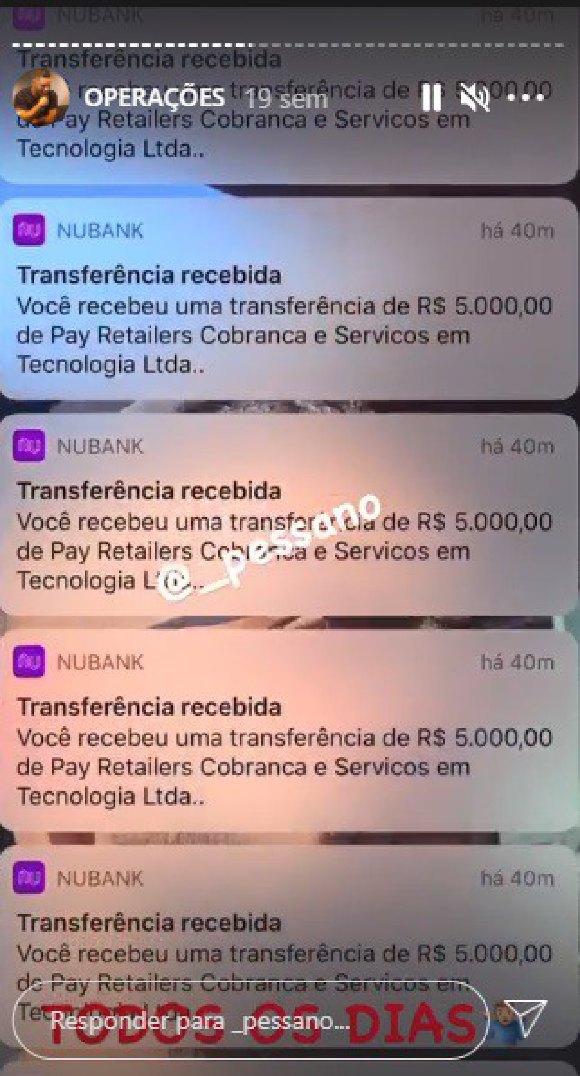Em um vídeo, ele mostrou ter recebido dez depósitos de R$5 mil ao mesmo tempo - Reprodução/Redes Sociais