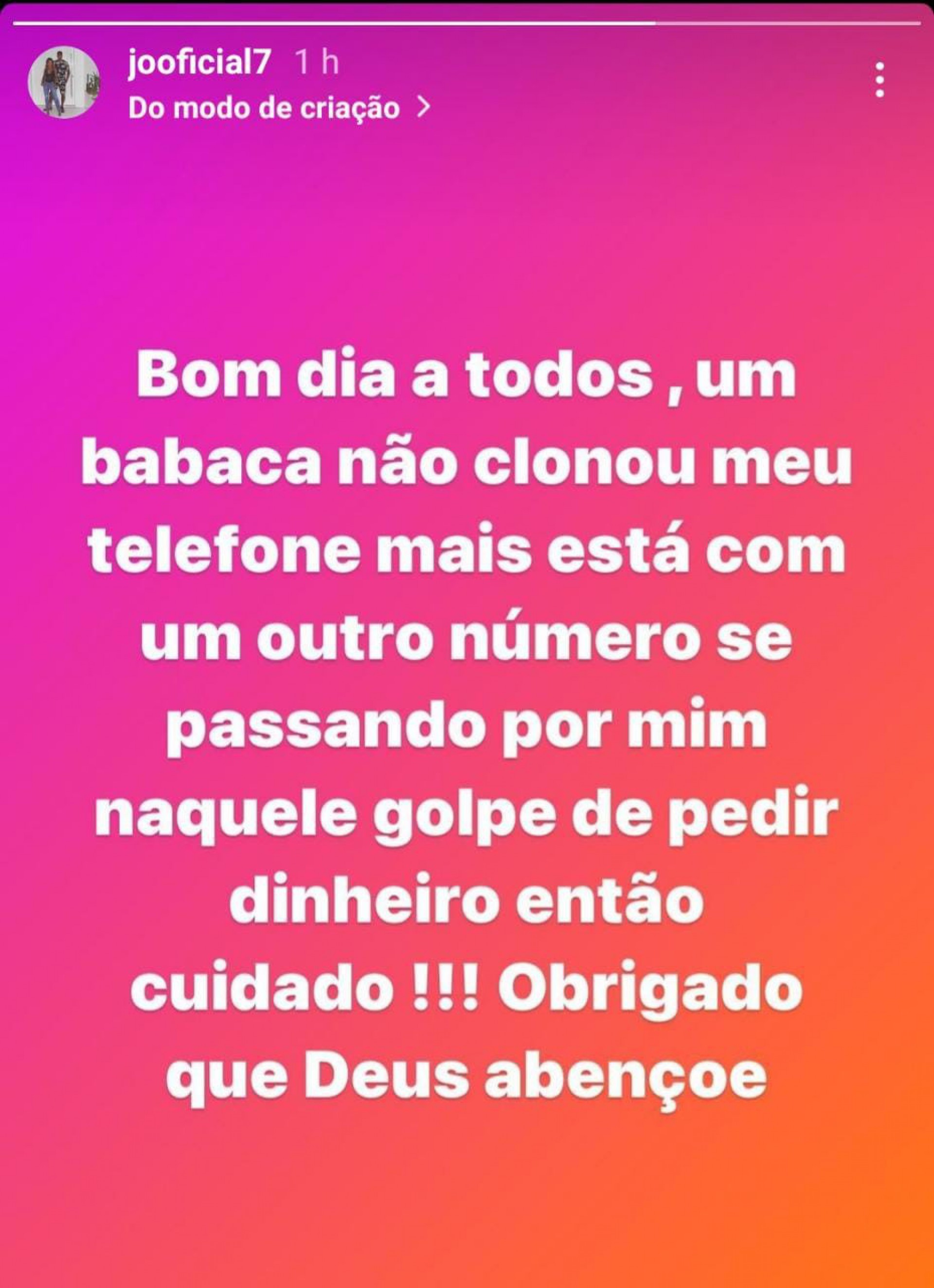 Mensagem de Jô, do Corinthians, sobre o golpe - Reprodução/Instagram