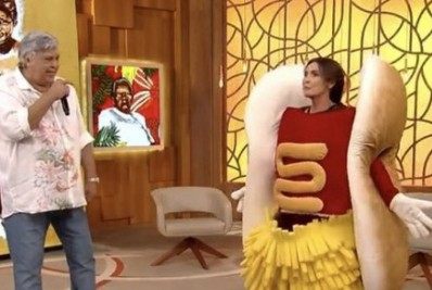 Fátima Bernardes se fantasia de cachorro-quente para encontrar Sidney Magal