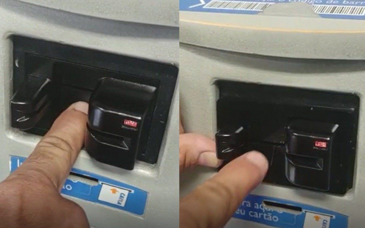 Agentes explicam como funciona o equipamento. Na primeira imagem, &eacute; como deve ser para inserir o cart&atilde;o de forma seguran&ccedil;a. Na segunda, o policial demonstra como fica a maquina com o equipamento 