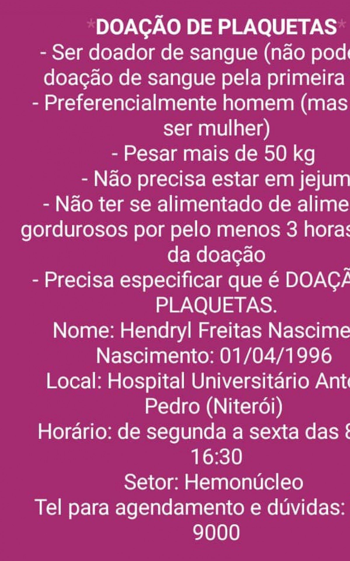 Informa&ccedil;&otilde;es para a doa&ccedil;&atilde;o de sangue e plaquetas