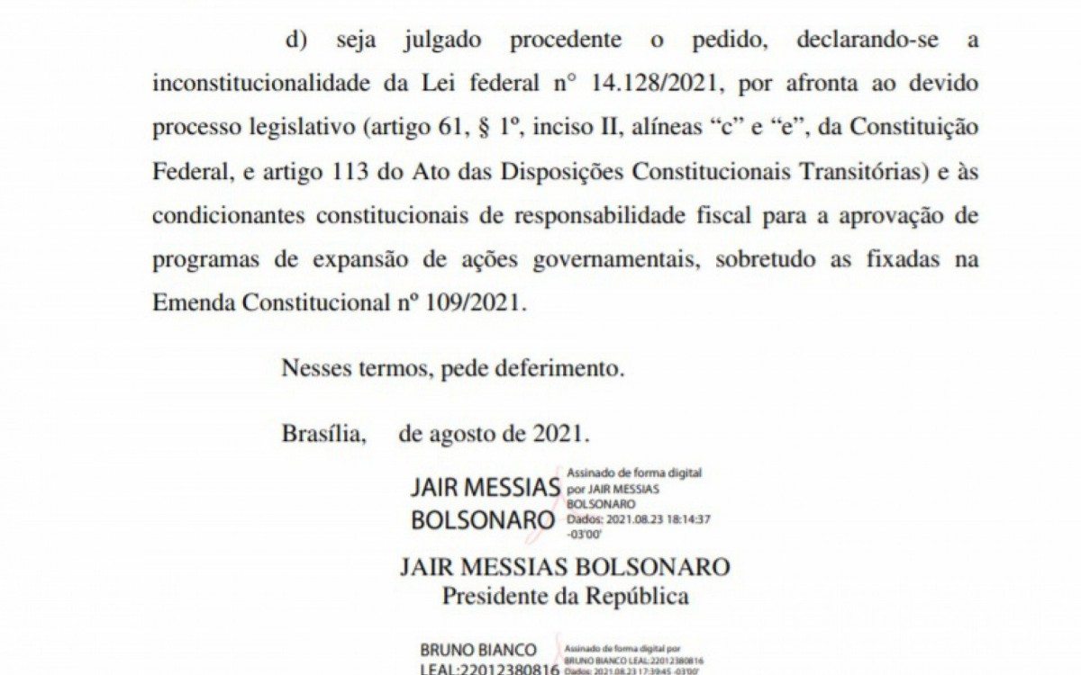 Ação direta de inconstitucionalidade é assinada pelo presidente Jair Bolsonaro e o advogado-geral da União, Bruno Bianco Leal - Reprodução