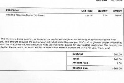 Casal envia fatura de R$ 1.250 à convidados que 'faltaram' casamento