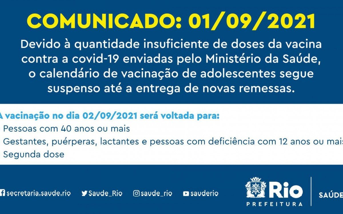 Calend&aacute;rio dos adolescentes permanece suspenso