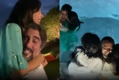 Após estreia na Globo, Marcos Mion se joga na piscina com a família 