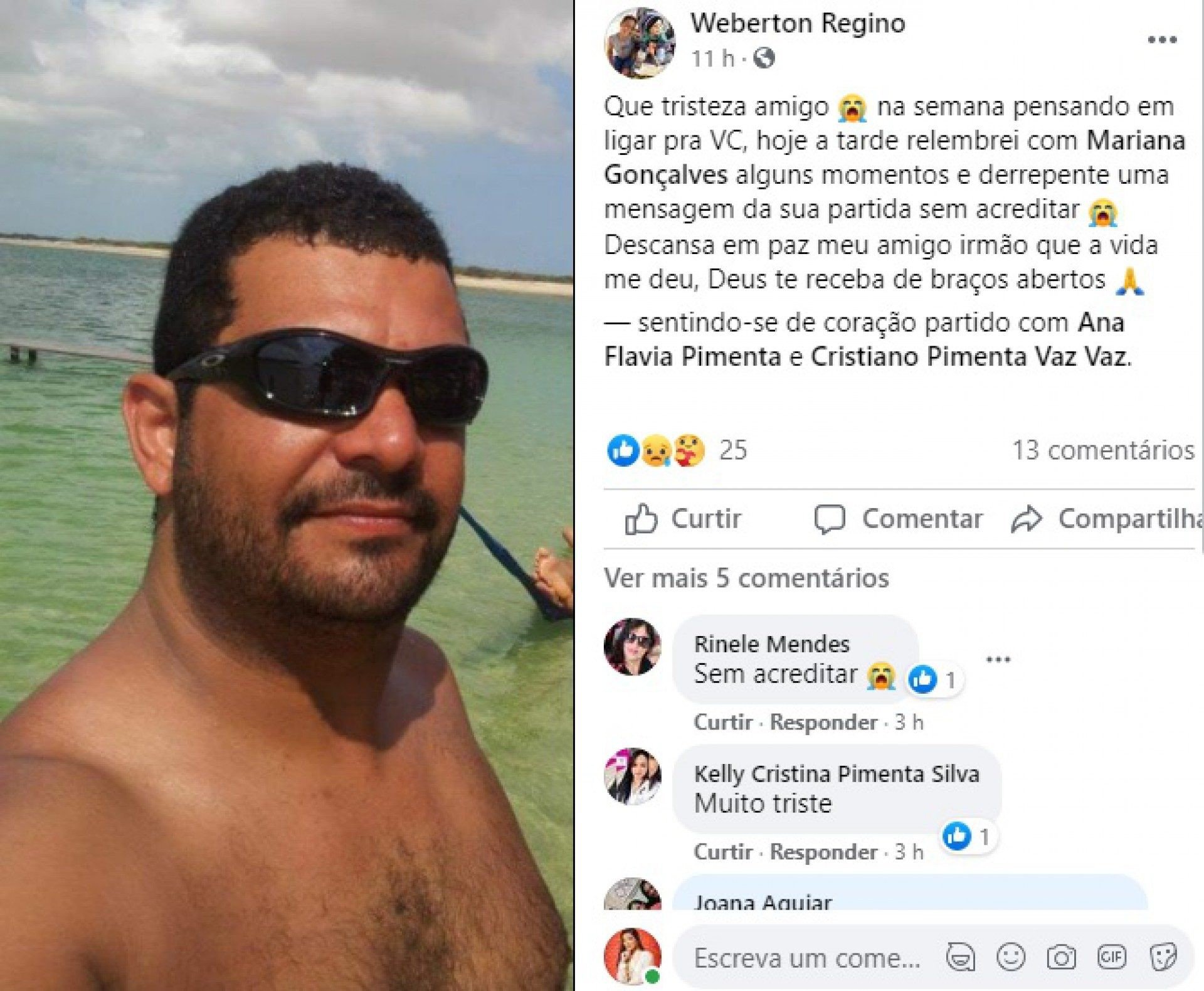 "Deus te receba de bra&ccedil;os abertos", foi uma das mensagem de um amigo da v&iacute;tima, na rede social - Reprodu&ccedil;&atilde;o Facebook