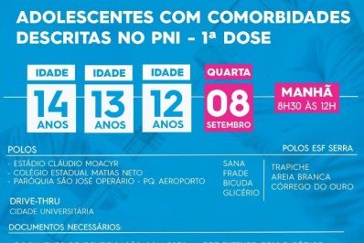 Adolescentes a partir de 12 anos serão vacinados nesta quarta (8)