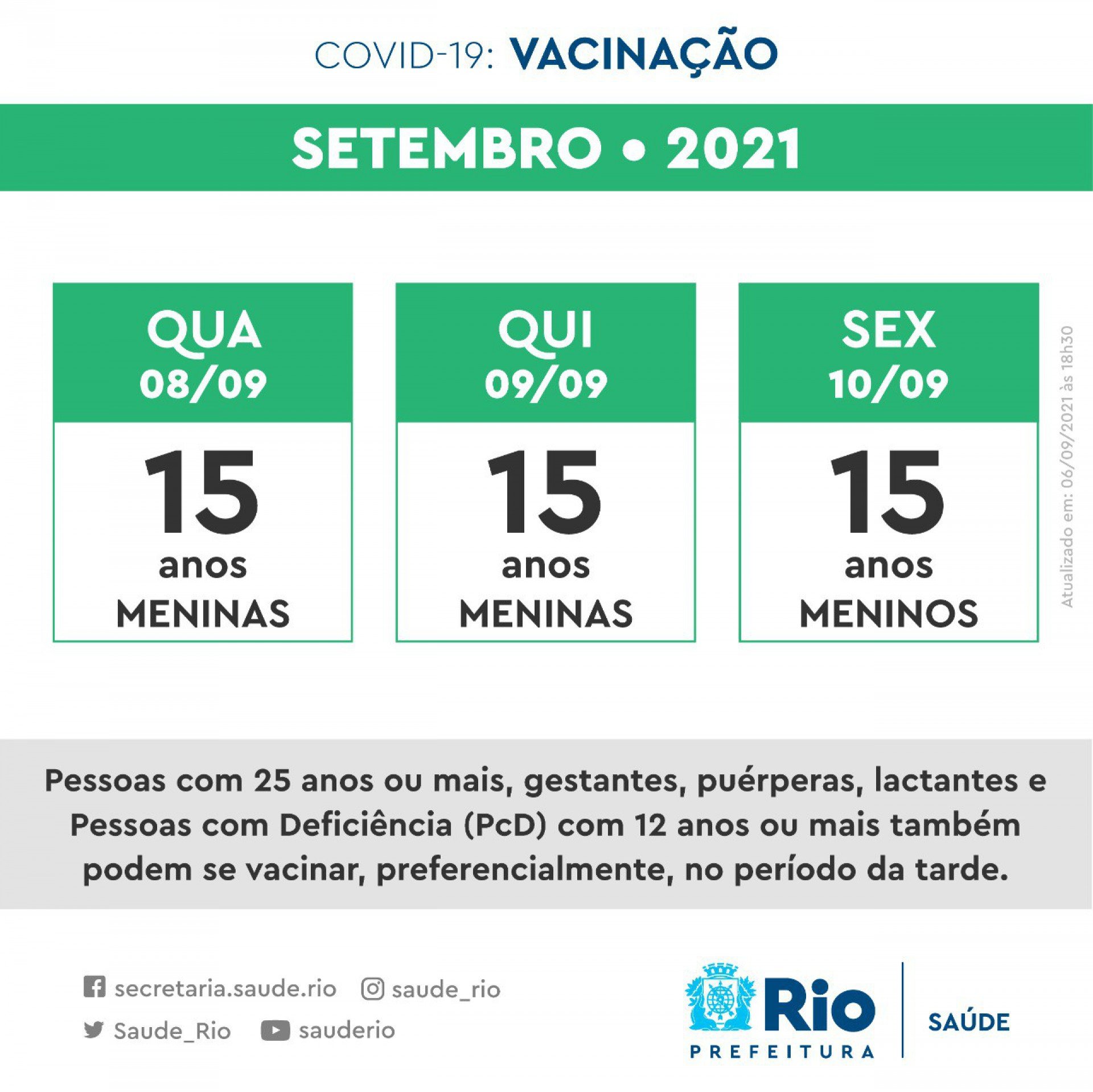 Novo calendário mostra que meninas e meninos de 15 anos receberão primeira dose até sexta-feira - Foto: Reprodução / Prefeitura do Rio