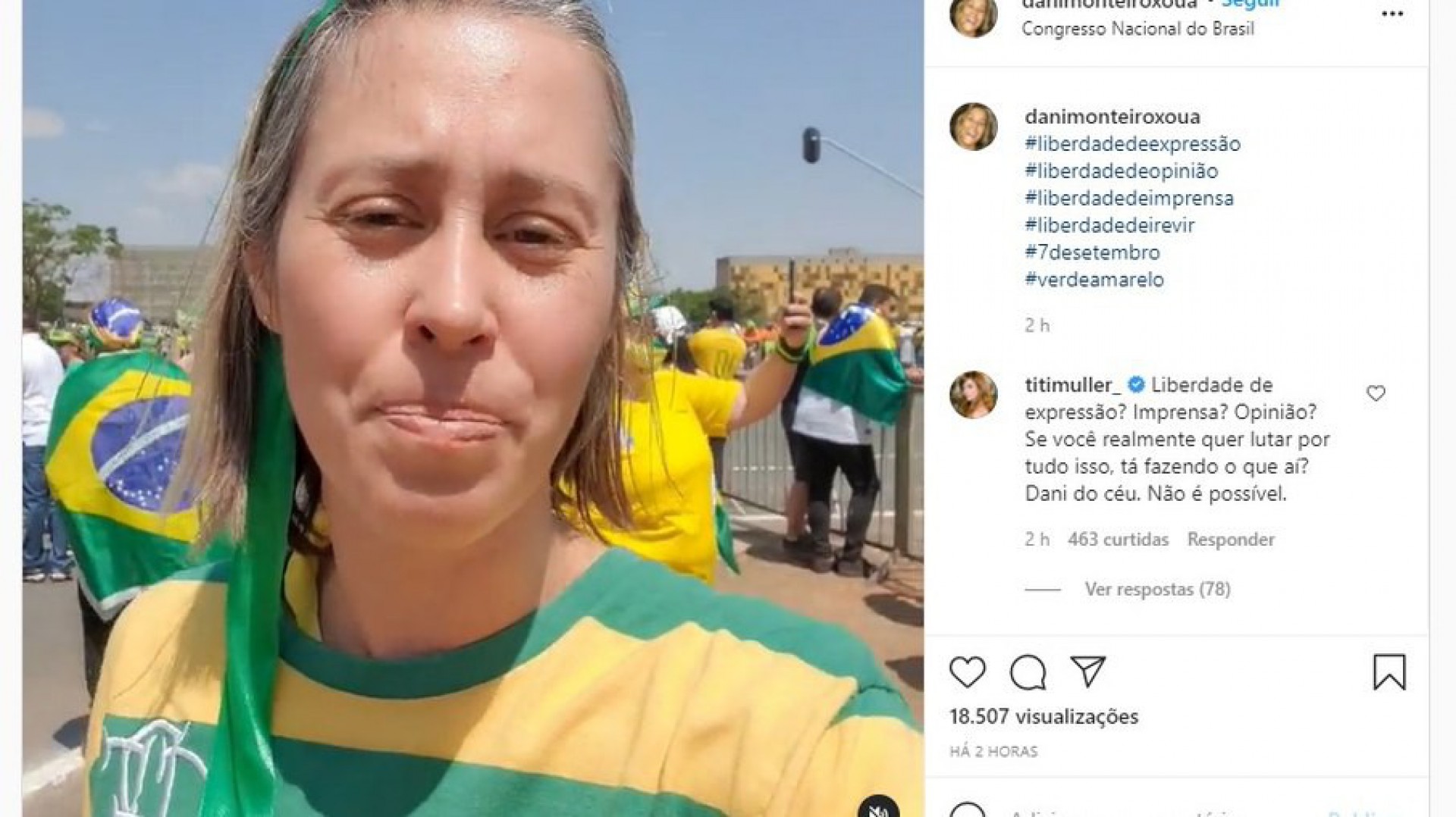 Titi Müller chama a atenção de Dani Monteiro para controvérsia em manifestações pró governo
- Reprodução/Instagram