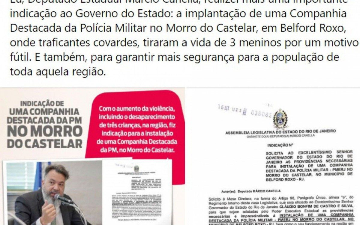 O deputado estadual divulgou a indica&ccedil;&atilde;o da Companhia Destacada da Pol&iacute;cia Militar em suas redes sociais