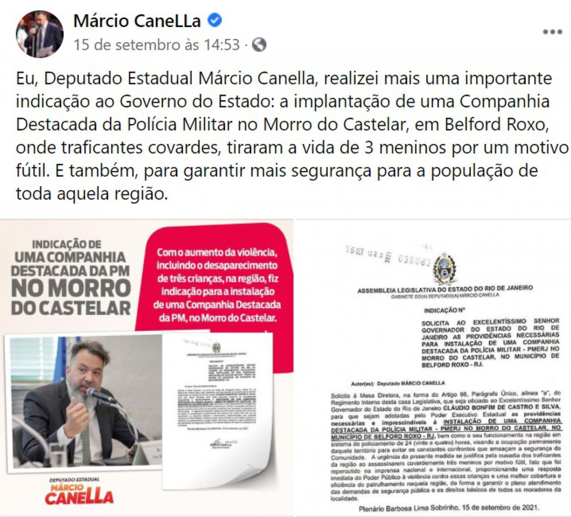 O deputado estadual divulgou a indicação da Companhia Destacada da Polícia Militar em suas redes sociais - DIvulgação