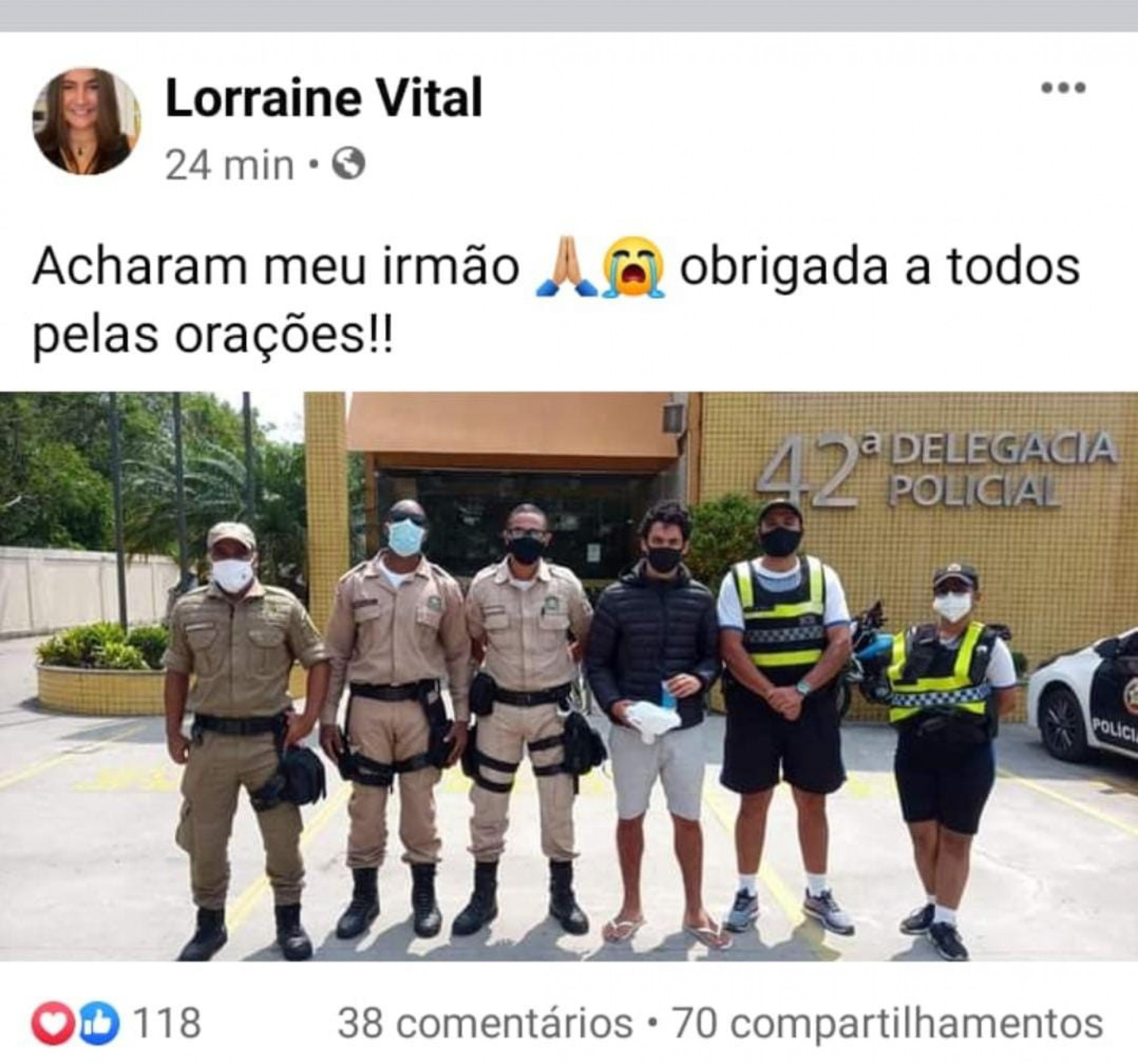 Irmã do jovem agradece por terem encontrado seu irmão. - Divulgação