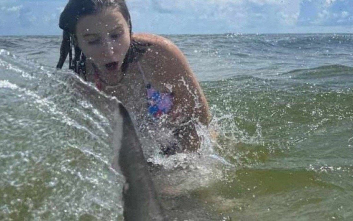 Jovem é surpreendida por tubarão durante sessão de fotos na praia
