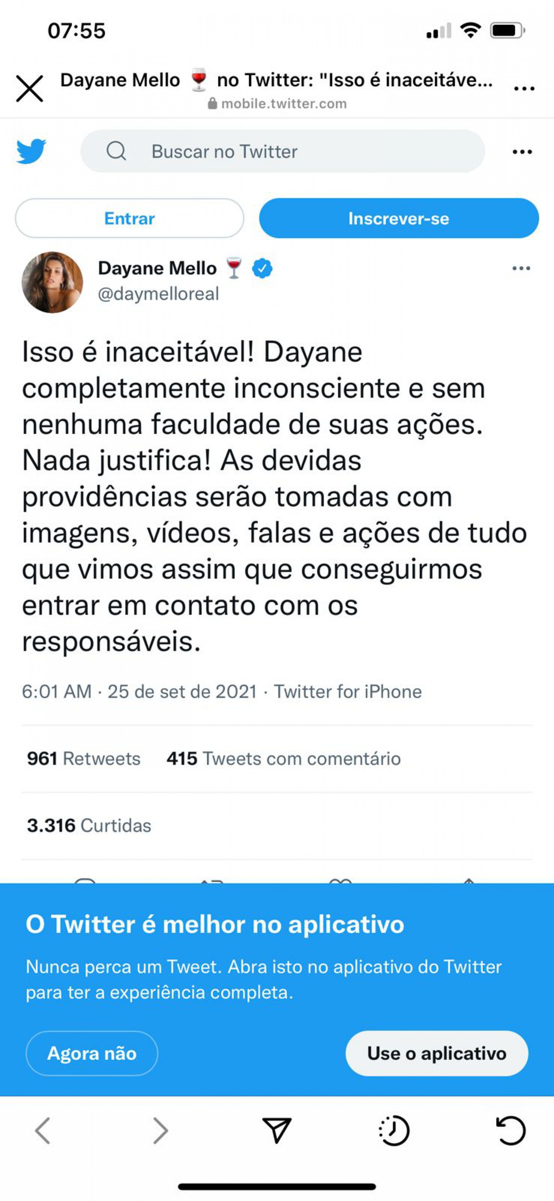 Equipe de Dayane Mello se pronuncia no Twitter - Reprodução de internet