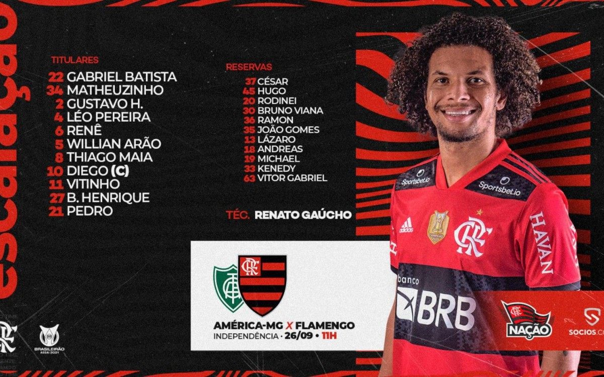 Time titular e o banco de reservas do Flamengo para o jogo contra o América-MG