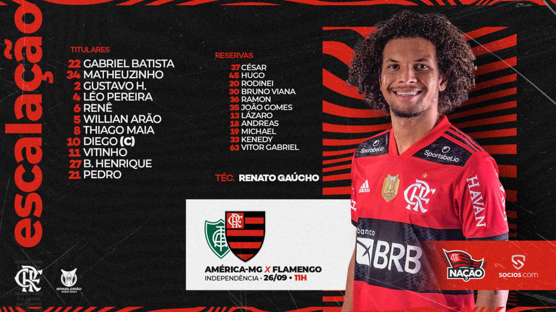 Time titular e o banco de reservas do Flamengo para o jogo contra o América-MG - Divulgação/Flamengo