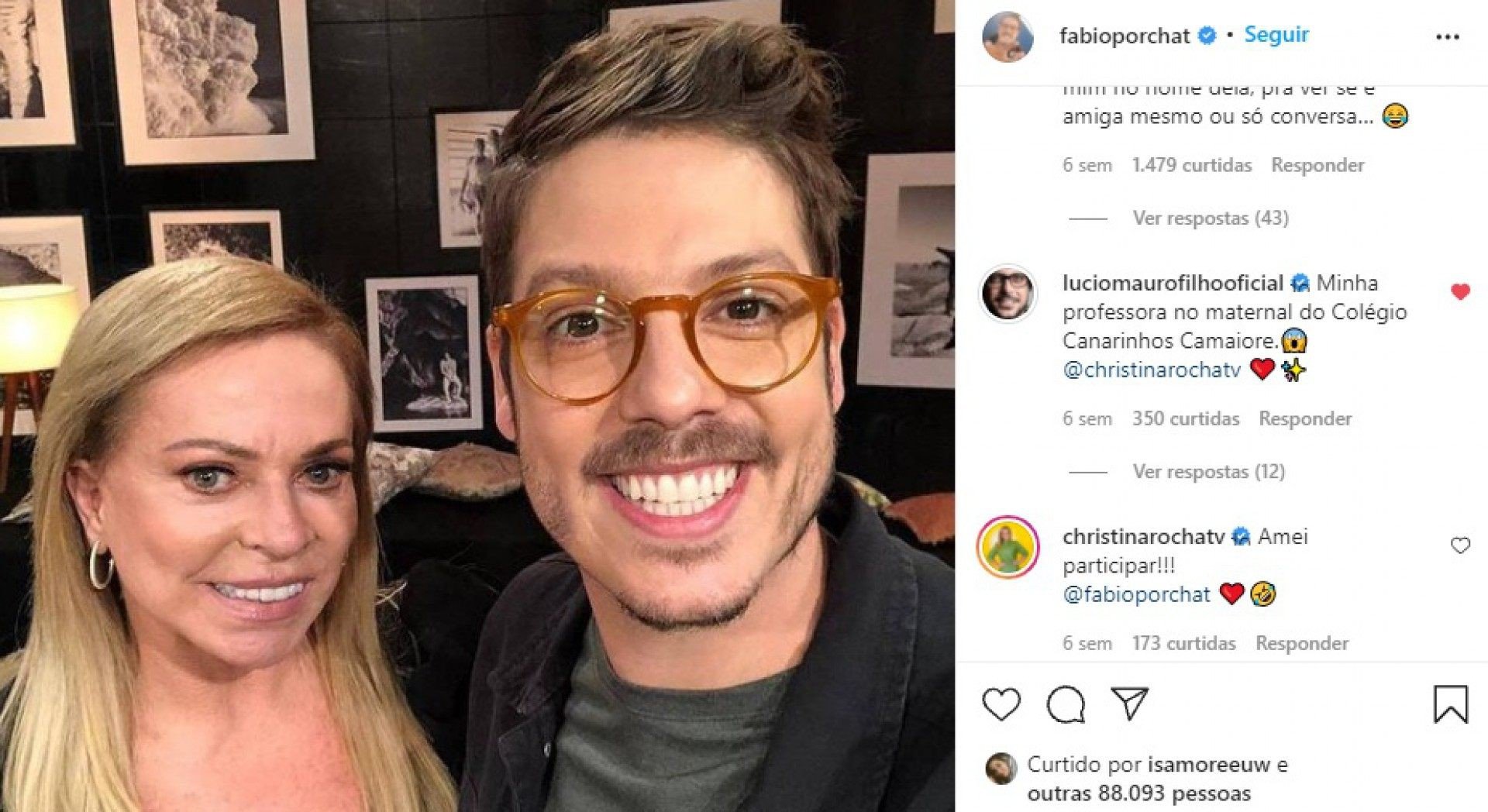 Em postagem de Fábio Porchat, o ator Lúcio Mauro Filho revelou que Christina Rocha foi sua professora - Reprodução/Instagram