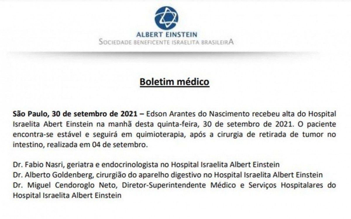 Boletim médico da alta de Pelé - Foto: Reprodução/Hospital Albert Einstein