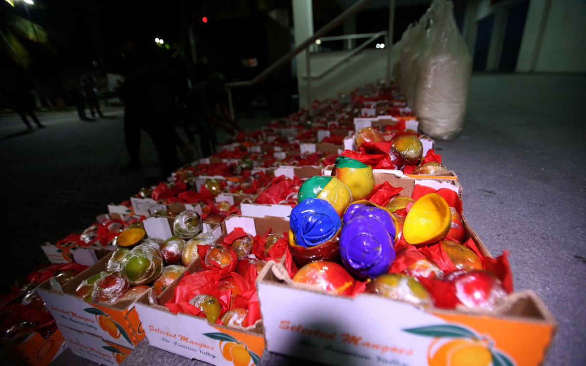 Rio,31/09/2021 -JACAREZINHO - Cidade da Policia,  uma operacao deflagrada pela Delegacia de Repressao ao Furto de Cargas com a Policia Federal apreenderam uma carga com aproximadamente 700 kilos  de cloridato de cocaina escodidas em mangas, na foto, caixas de mangas .Foto: Cleber Mendes/Ag&ecirc;ncia O Dia