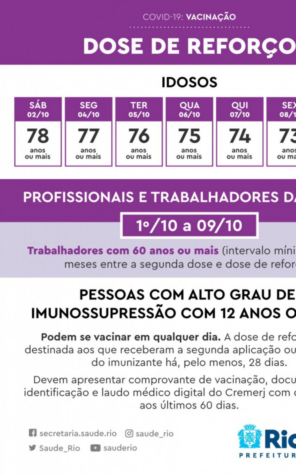 Calend&aacute;rio da dose de refor&ccedil;o na primeira semana de outubro