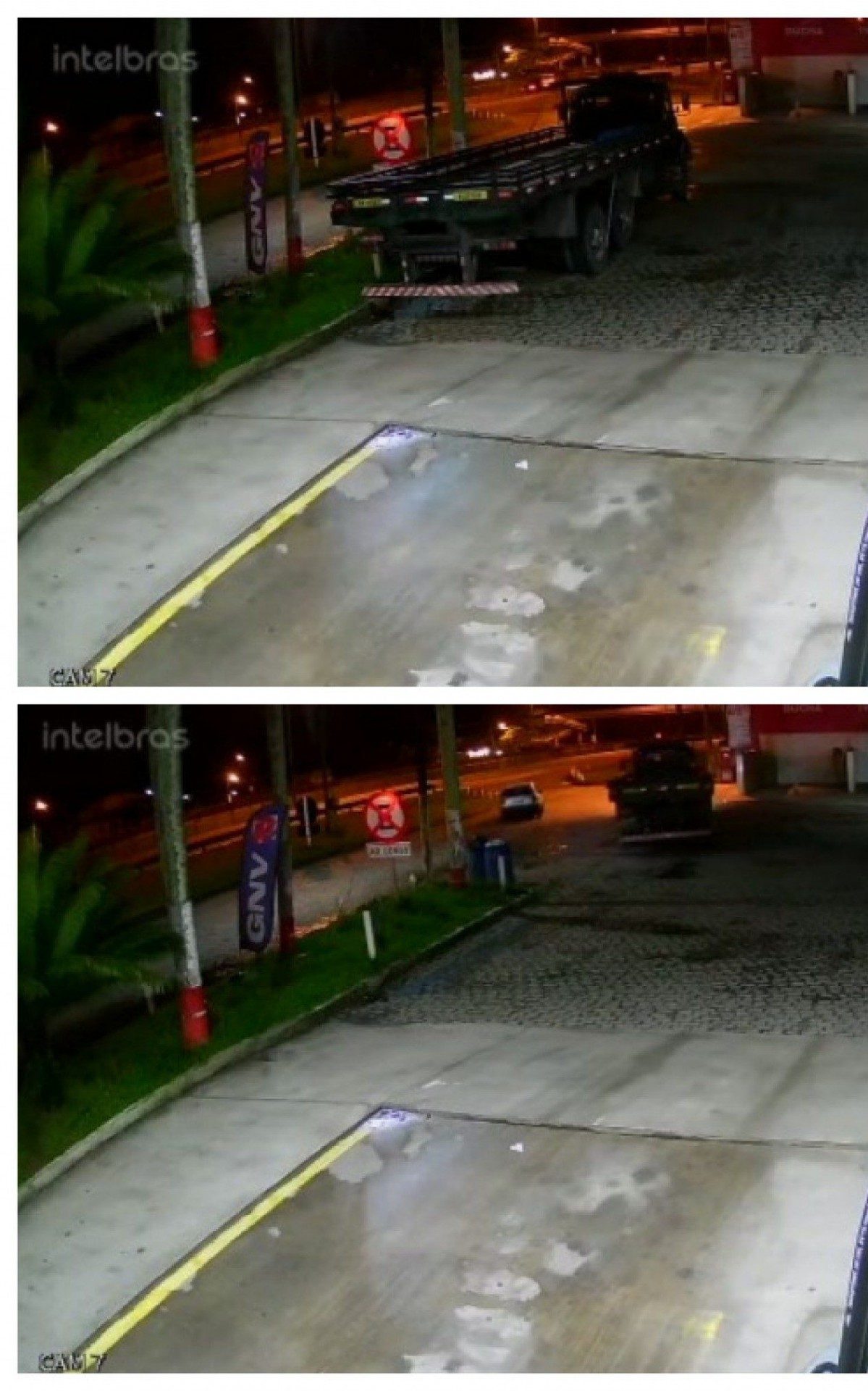Fotomontagem: na imagem de cima é possível ver o caminhão parado; na imagem de baixo, o momento em que ele é furtado - Divulgação