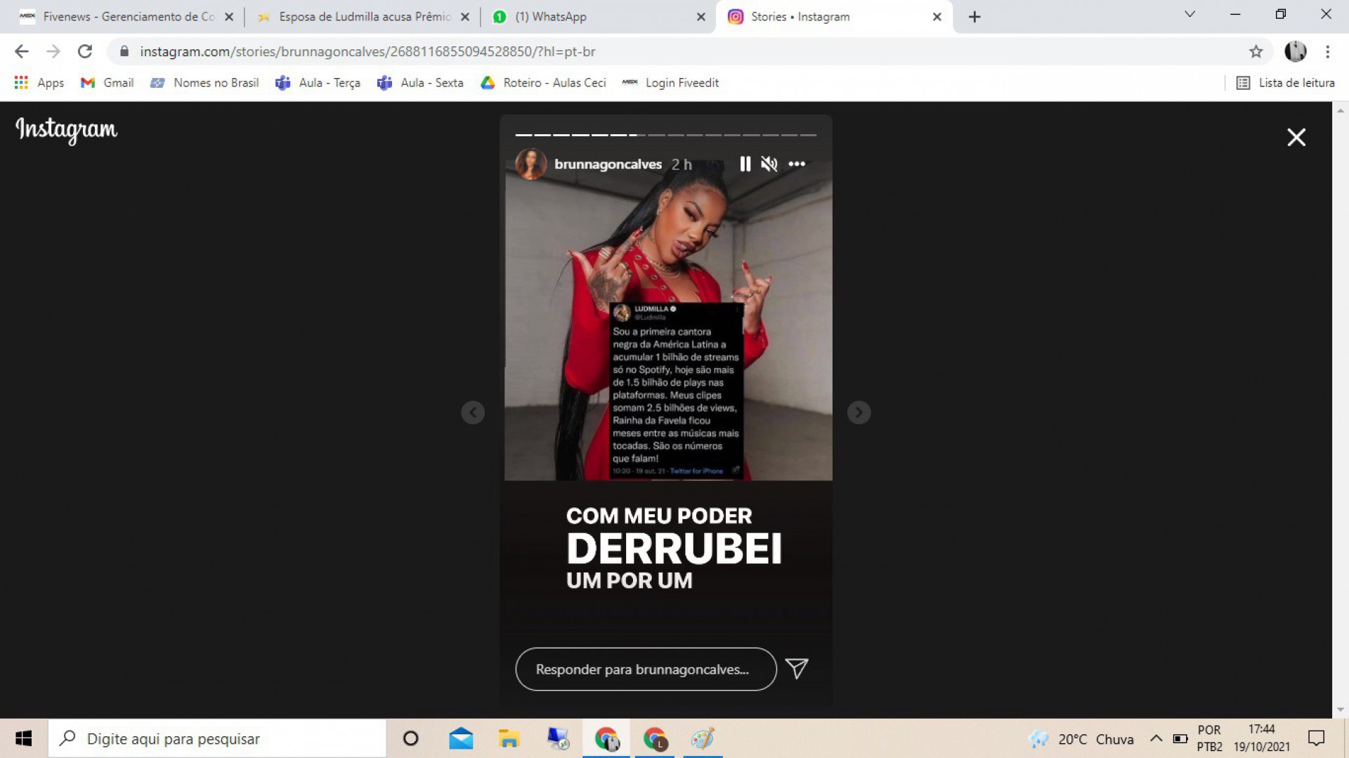 Esposa de Ludmilla fala sobre decisão da esposa quanto ao 'Prêmio Multishow' - Reprodução/Instagram