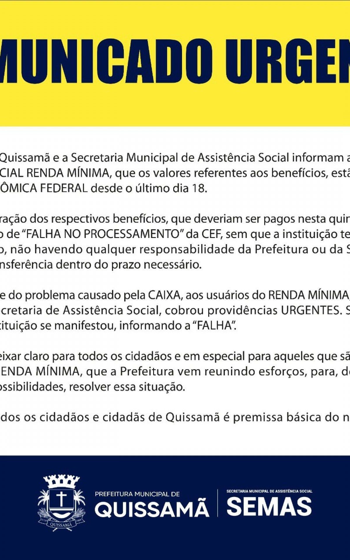 Prefeitura de Quissam&atilde; aciona Caixa Econ&ocirc;mica Federal para regulariza&ccedil;&atilde;o do pagamento do Renda M&iacute;nima.
