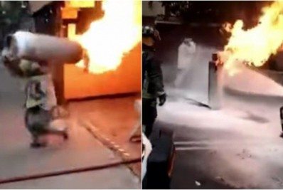 Vídeo: bombeiro arrisca a vida e retira botijão em chamas de incêndio