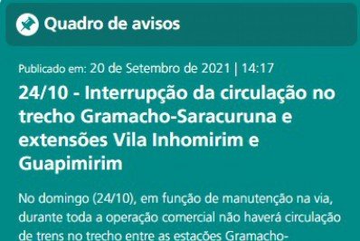 Supervia interrompe circulação de trem no ramal Guapimirim, neste domingo (24/10)