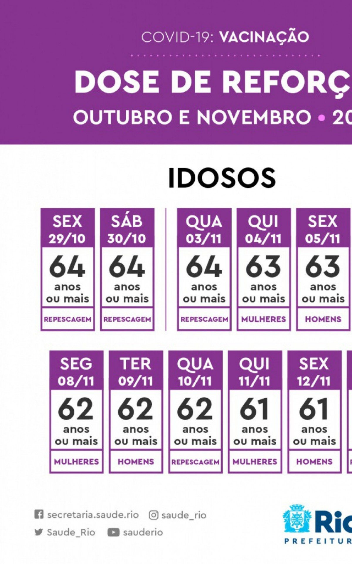 Calend&aacute;rio da dose de refor&ccedil;o entre o fim de outubro e o in&iacute;cio de novembro
