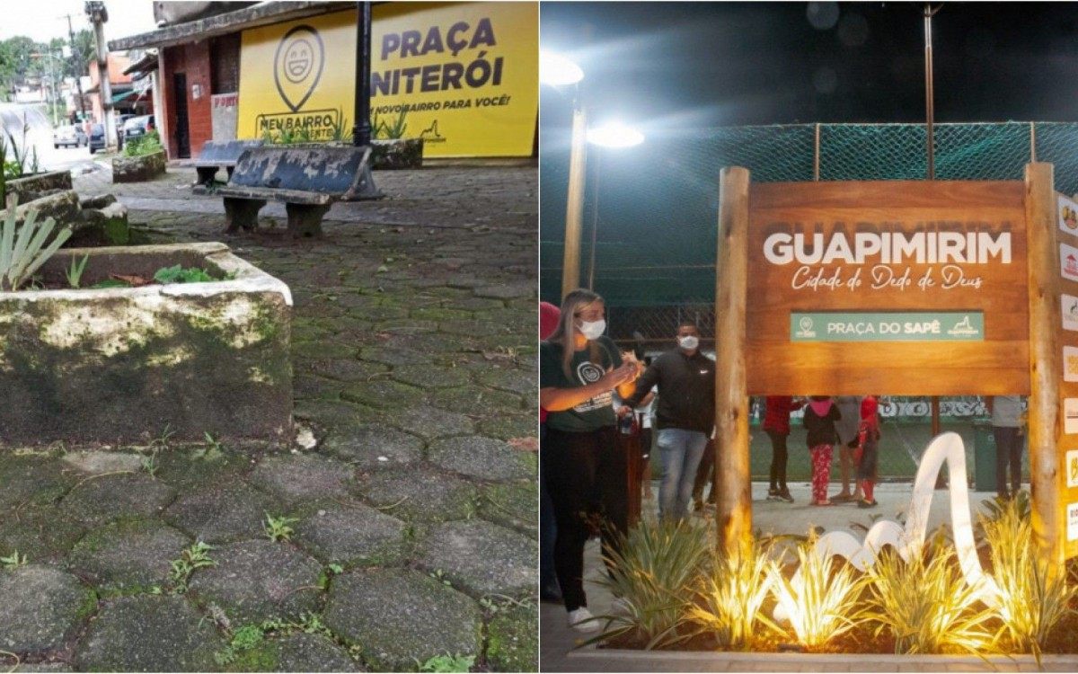 Fotomontagem: do lado esquerdo, a Praça Niterói antes das obras; no lado direito, a entrega das obras no Sapê - Divulgação