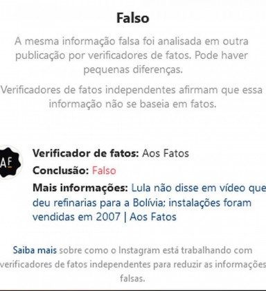 Postagem de Carlos Bolsonaro com o selo de informação falsa  - Reprodução