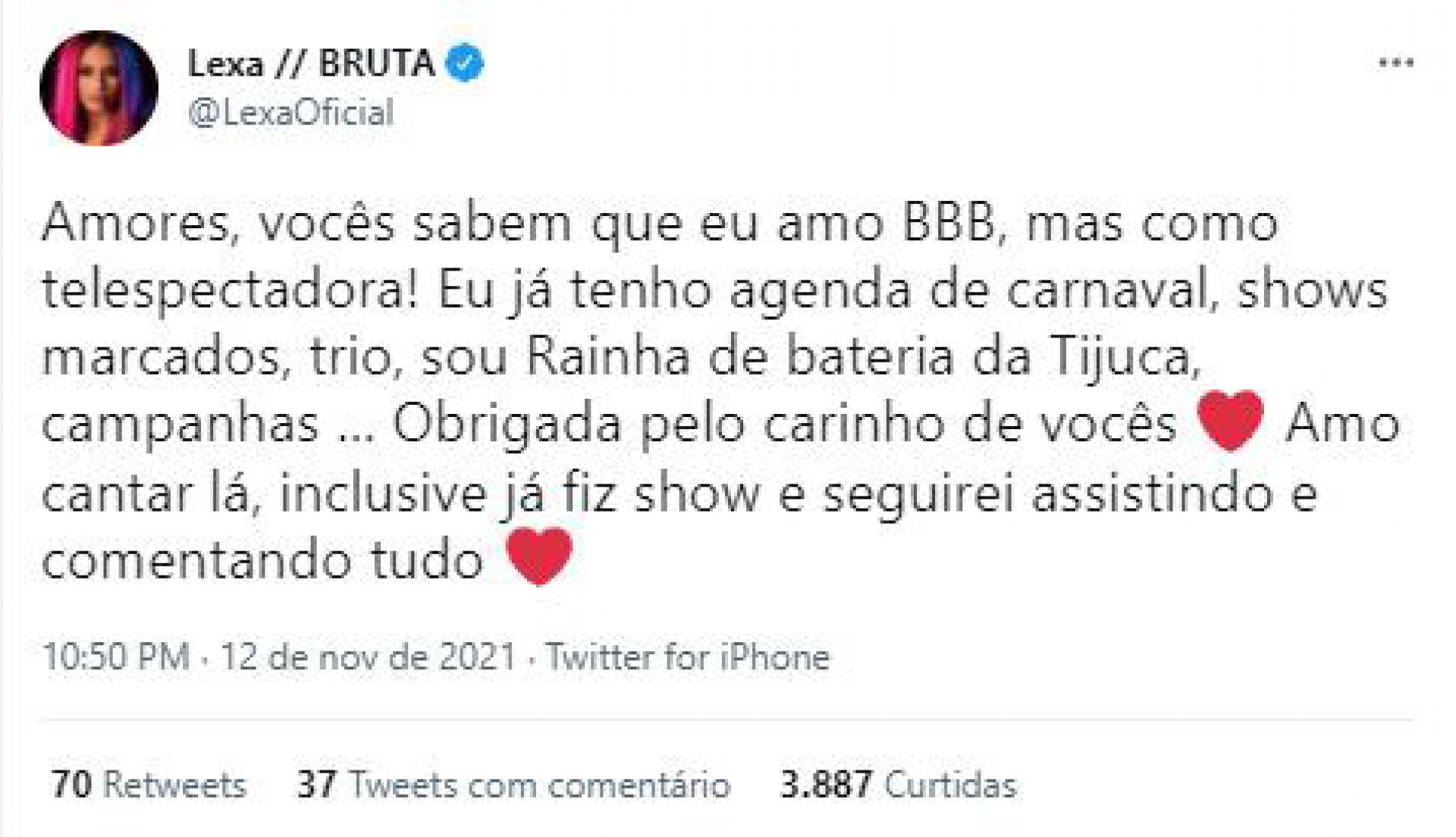 A cantora Lexa se pronunciou no Twitter negando participação no reality - Reprodução