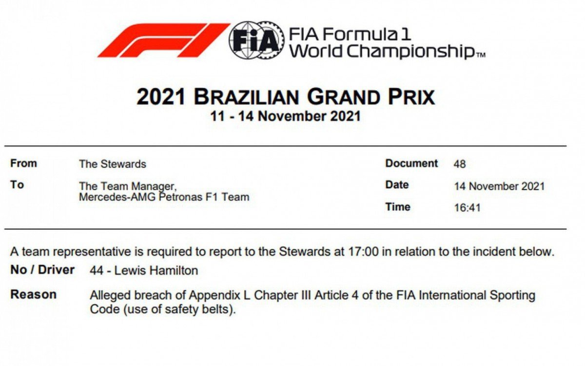 Documento da FIA convoca Mercedes para explicar por que Hamilton tirou o cinto de segurança após a prova do GP em SP - Foto: Divulgação/FIA