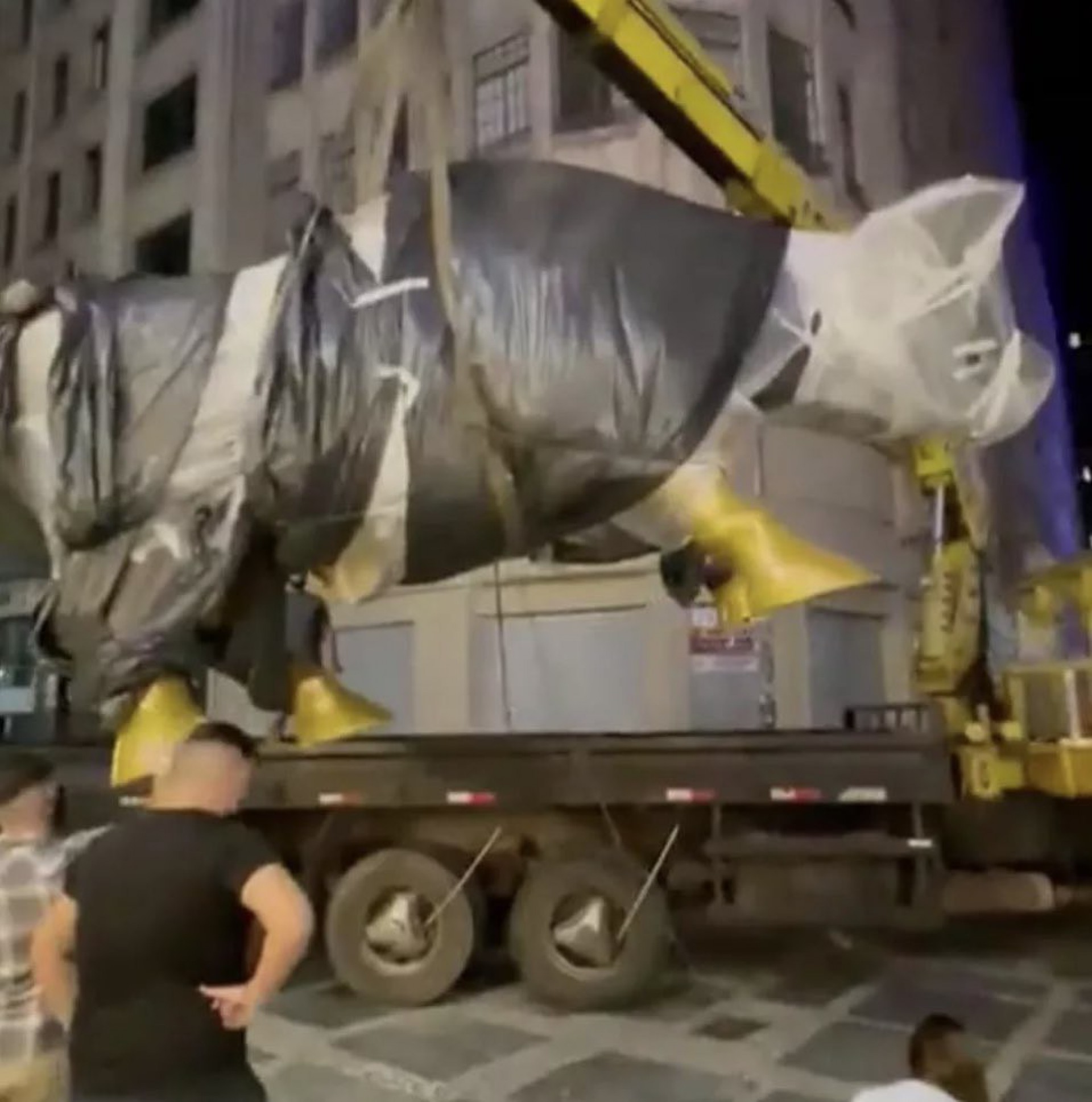 Imagens da remoção da escultura embalada em plástico - Reprodução/ Redes Sociais