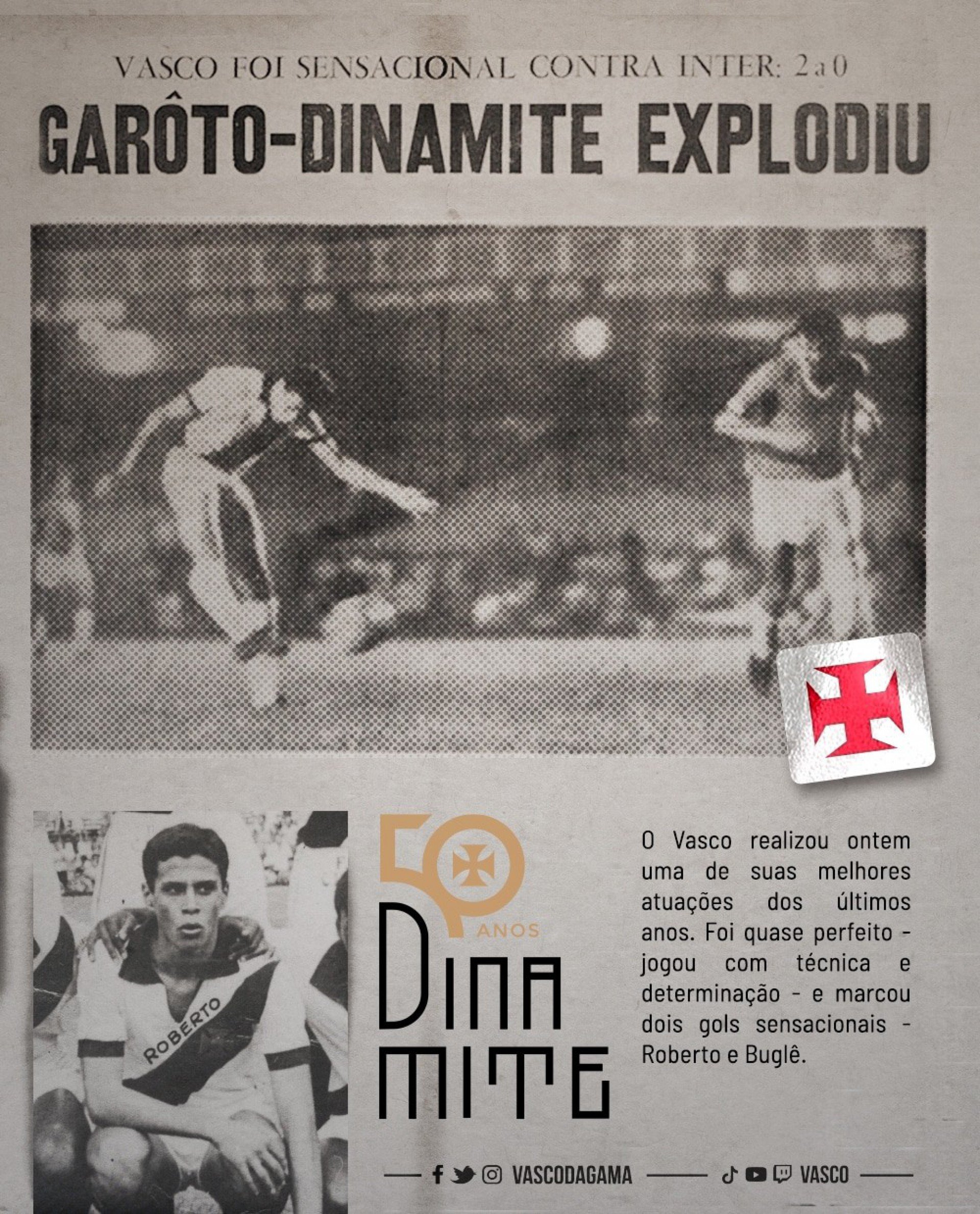 Vasco homenageia Roberto Dinamite pelos 50 anos de seu primeiro gol - Reprodução