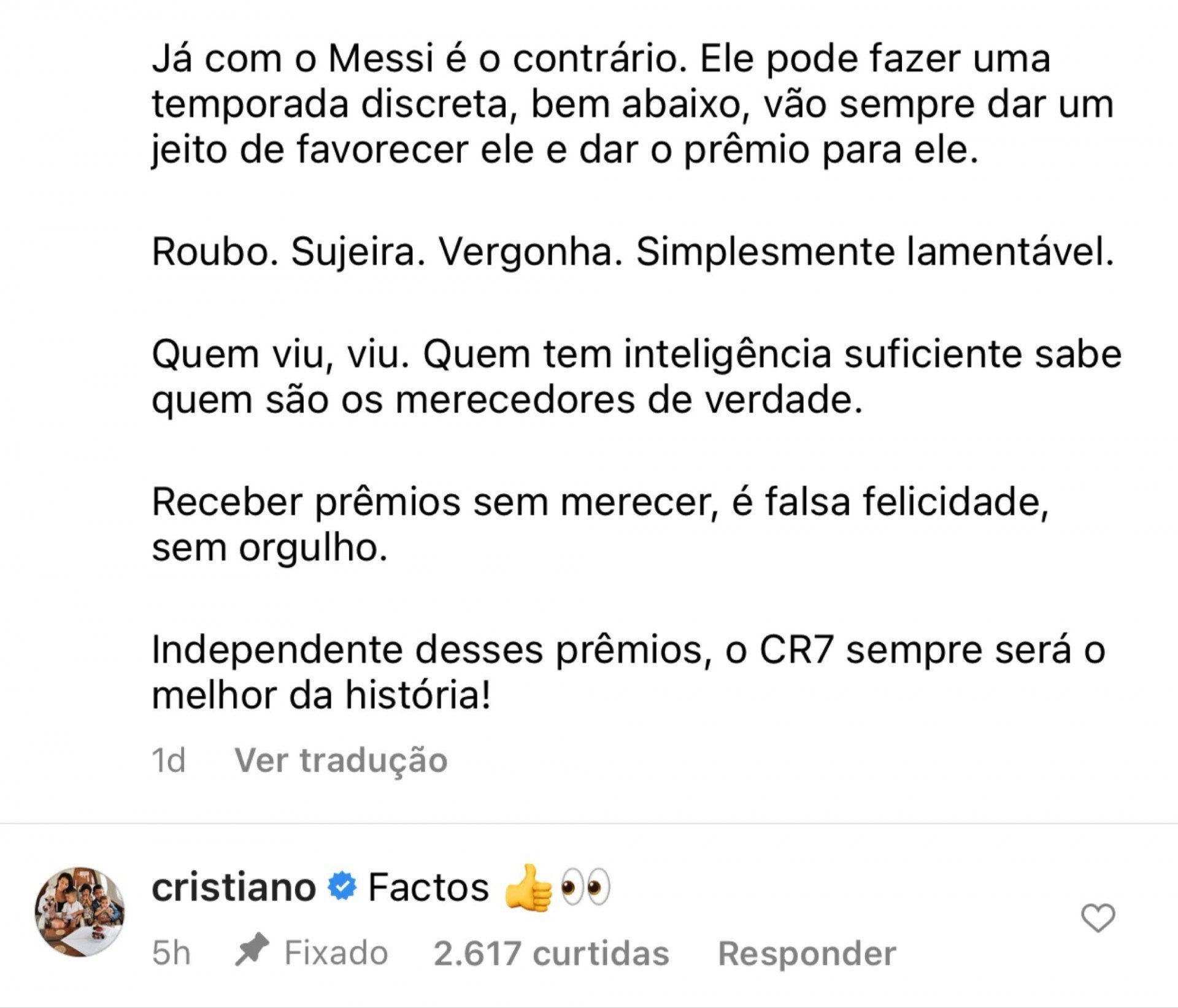 Cristiano Ronaldo concorda com críticas a Messi - Reprodução/Instagram