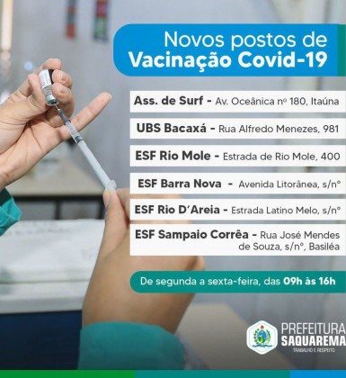 Novos postos de vacinação contra covid-19 em Saquarema - divulgação