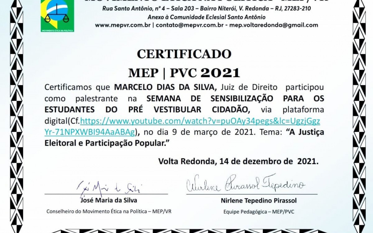 Juiz recebeu certificado de agradecimento pela palestra ministrada para os alunos do Pr&eacute;-Vestibular Cidad&atilde;o  - Divulga&ccedil;&atilde;o