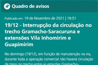 Trem da Supervia terá circulação em Guapimirim interrompida no domingo (19/12)