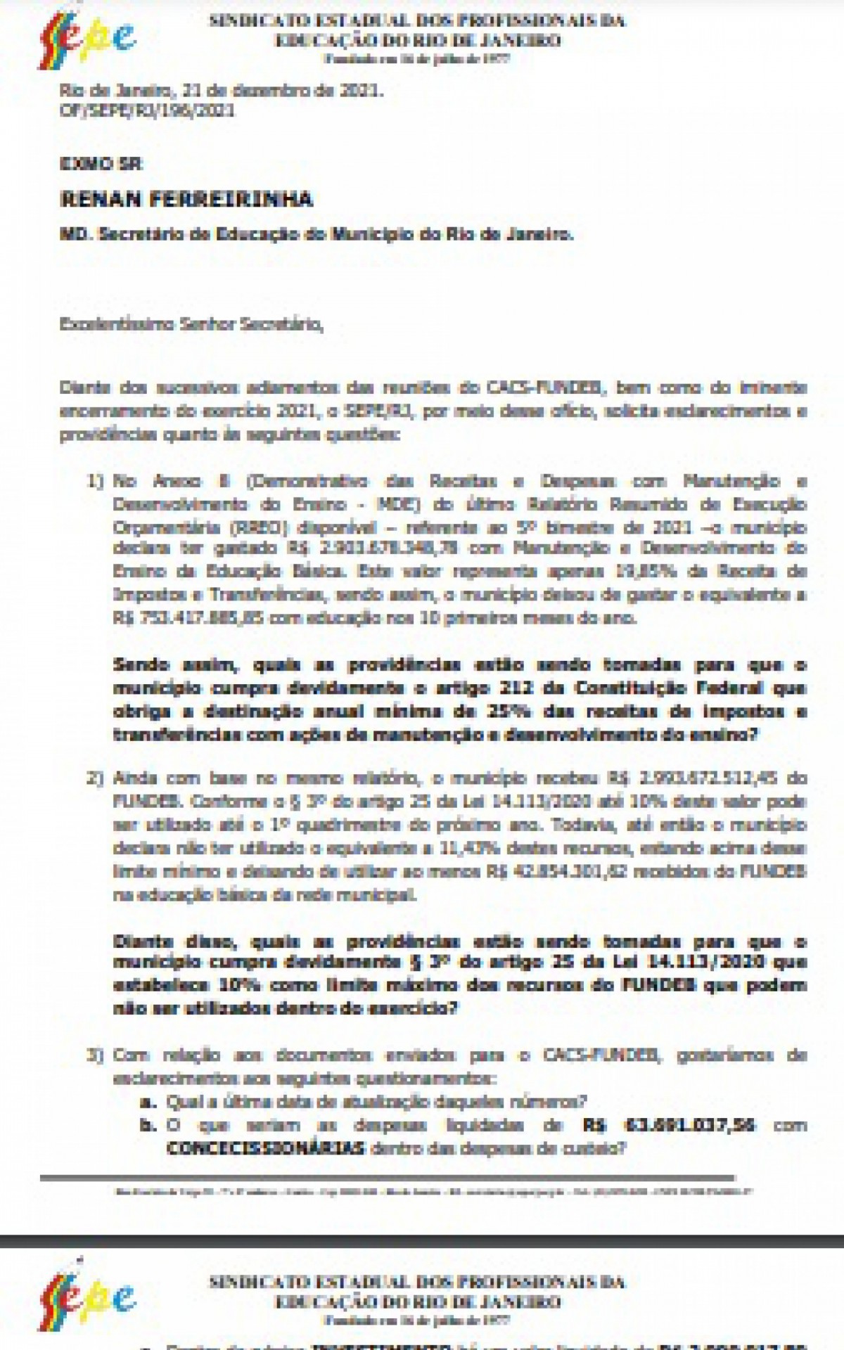 Documento elaborado pelo Sepe