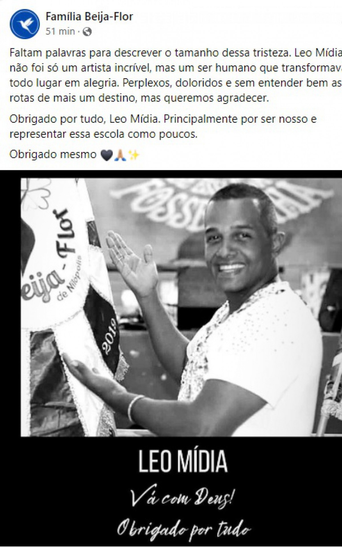 A Beija-Flor tamb&eacute;m lamentou a morte do integrante L&eacute;o M&iacute;dia