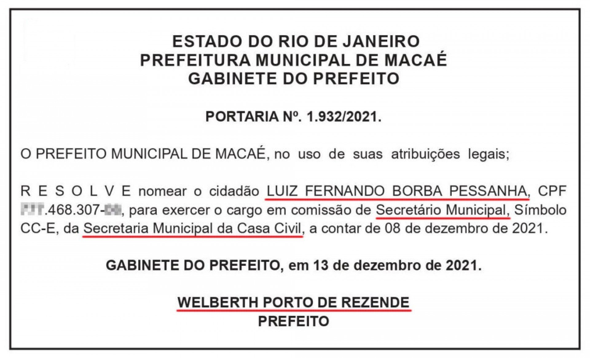 Portaria de nomeação do novo secretário Luiz Fernando Borba Pessanha - Reprodução