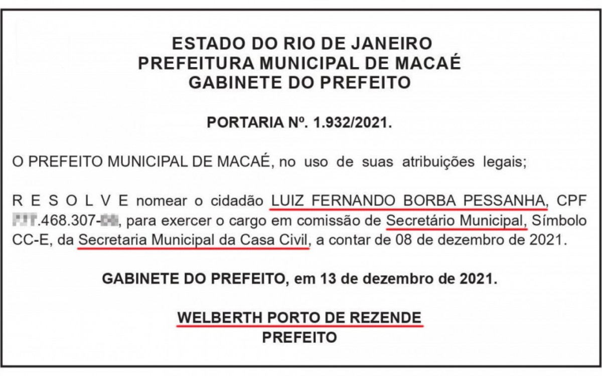 Portaria de nomea&ccedil;&atilde;o do novo secret&aacute;rio Luiz Fernando Borba Pessanha