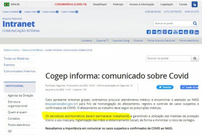 Comunicado interno do Arquivo Nacional divulgado no dia 10 de janeiro de 2022. Print tirado em 18 de janeiro de 2022 - Divulgação
