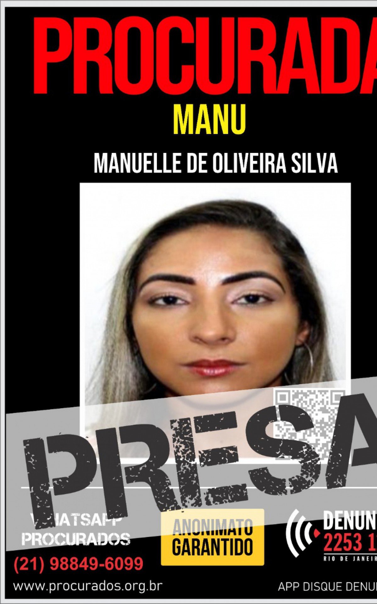 A criminosa foragida da Justiça, Manuelle de Oliveira Silva, a Manu, de 27 anos. Ela é acusada de uma Tentativa de Homicídio, em Bonsucesso, Zona Norte do Rio, no ano de 2020 - Divulgação