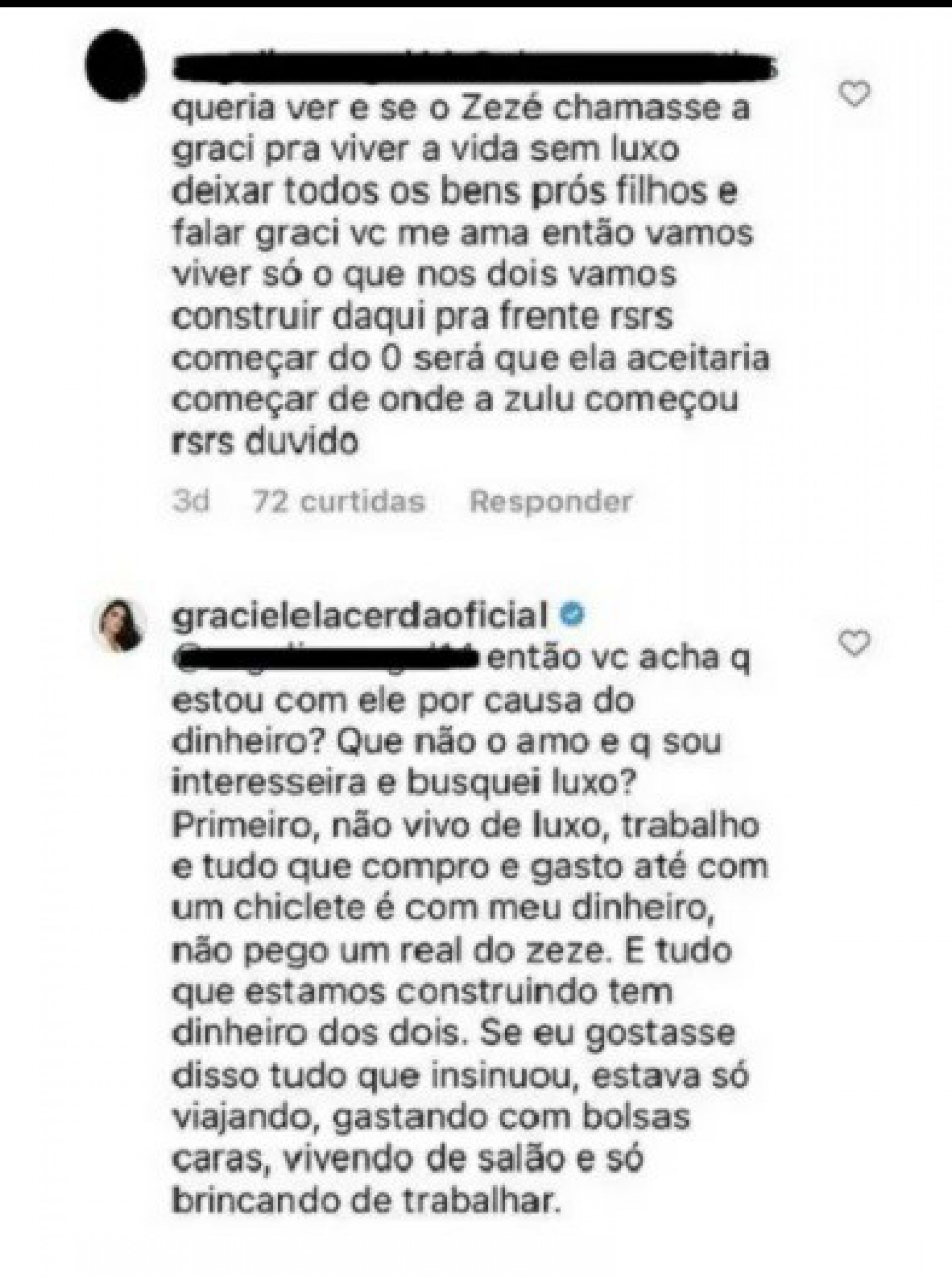 Graciele Lacerda rebate comentário de internauta - reprodução do instagram